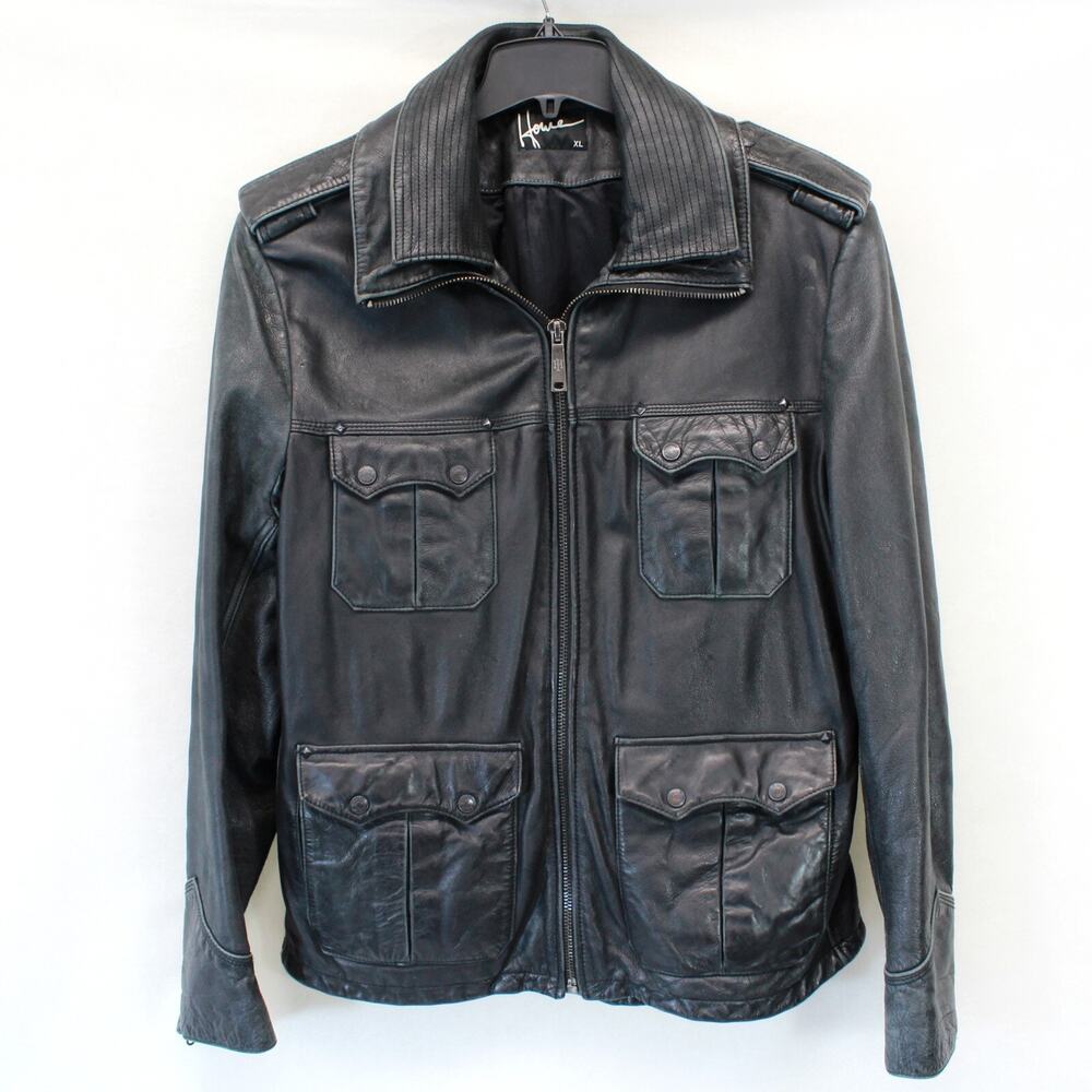 Howie vintage black leather lined distressed jacket men's pockets western XL